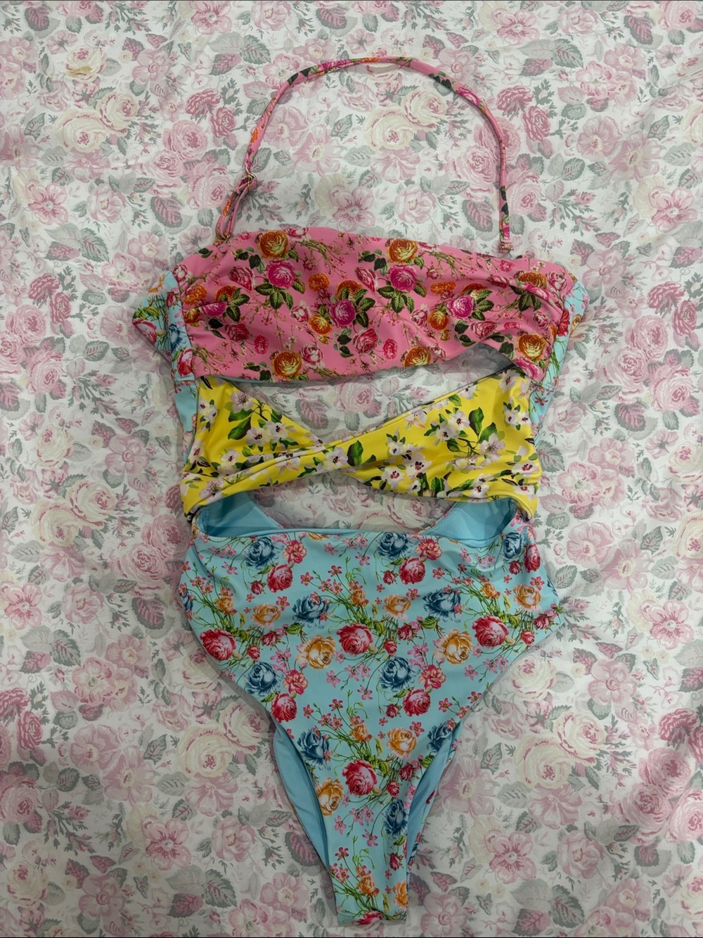Floral Colorblock One-Piece Swimsuit - Pink, Yellow & Light Blue